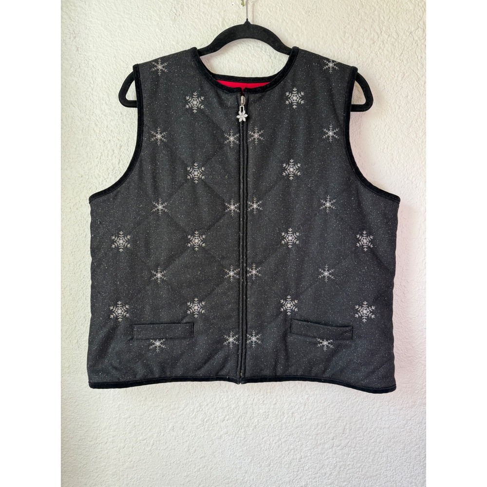 Talbots‎ Petites Black Quilted Snowflake Vest Wool Silk Blend Shimmer Holiday L